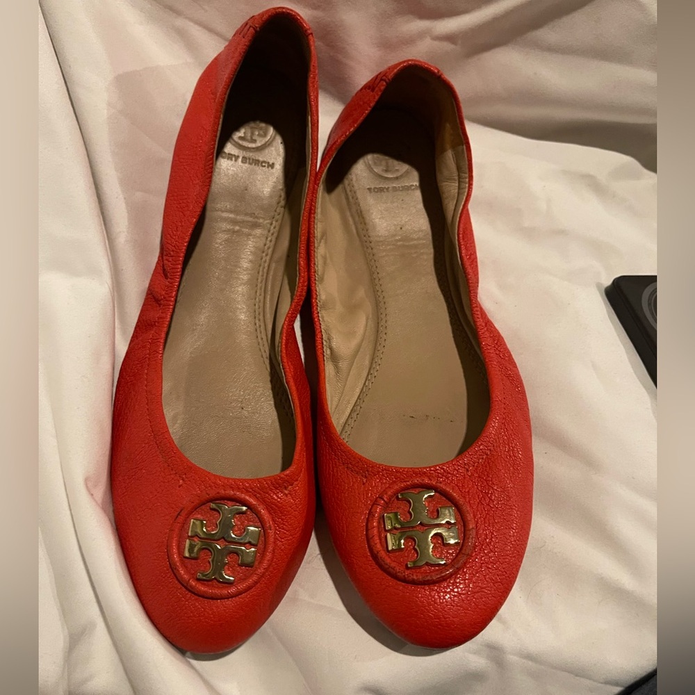 Tory Burch Red Leather Logo Ballet Flats